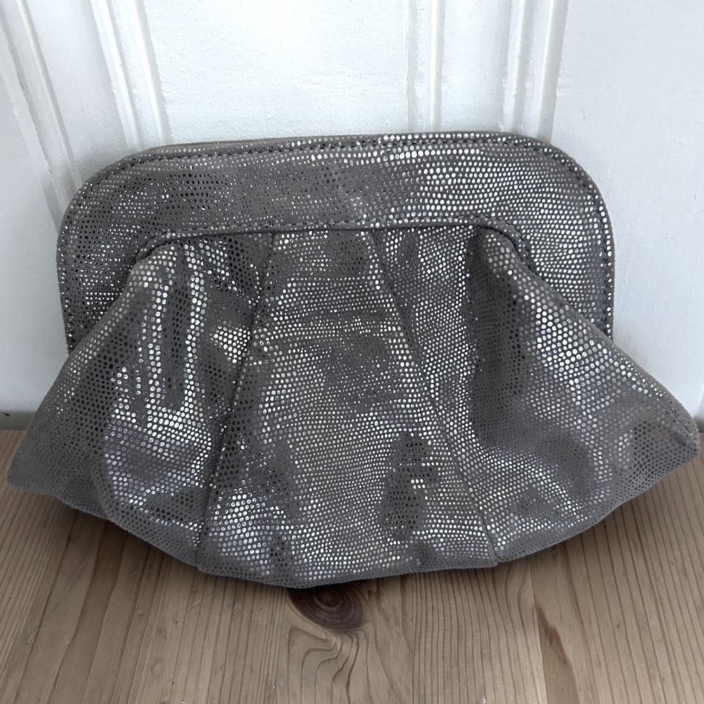 Lauren Merkin Gray Metallic Shimmer Leather Eve Clutch Bag Designer Luxury NYC